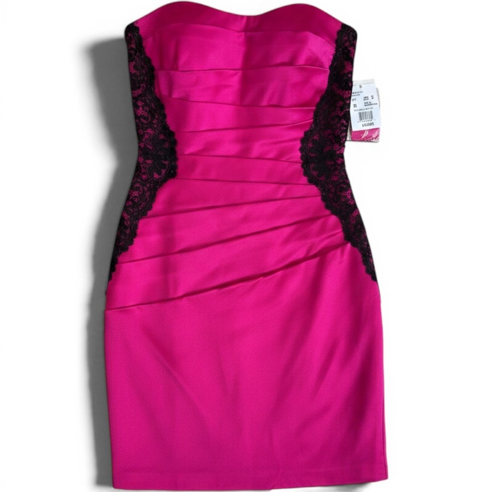 Davids Bridal Pink Satin Strapless Lace Cocktail Dress 30103032 Fuchsia Size 8